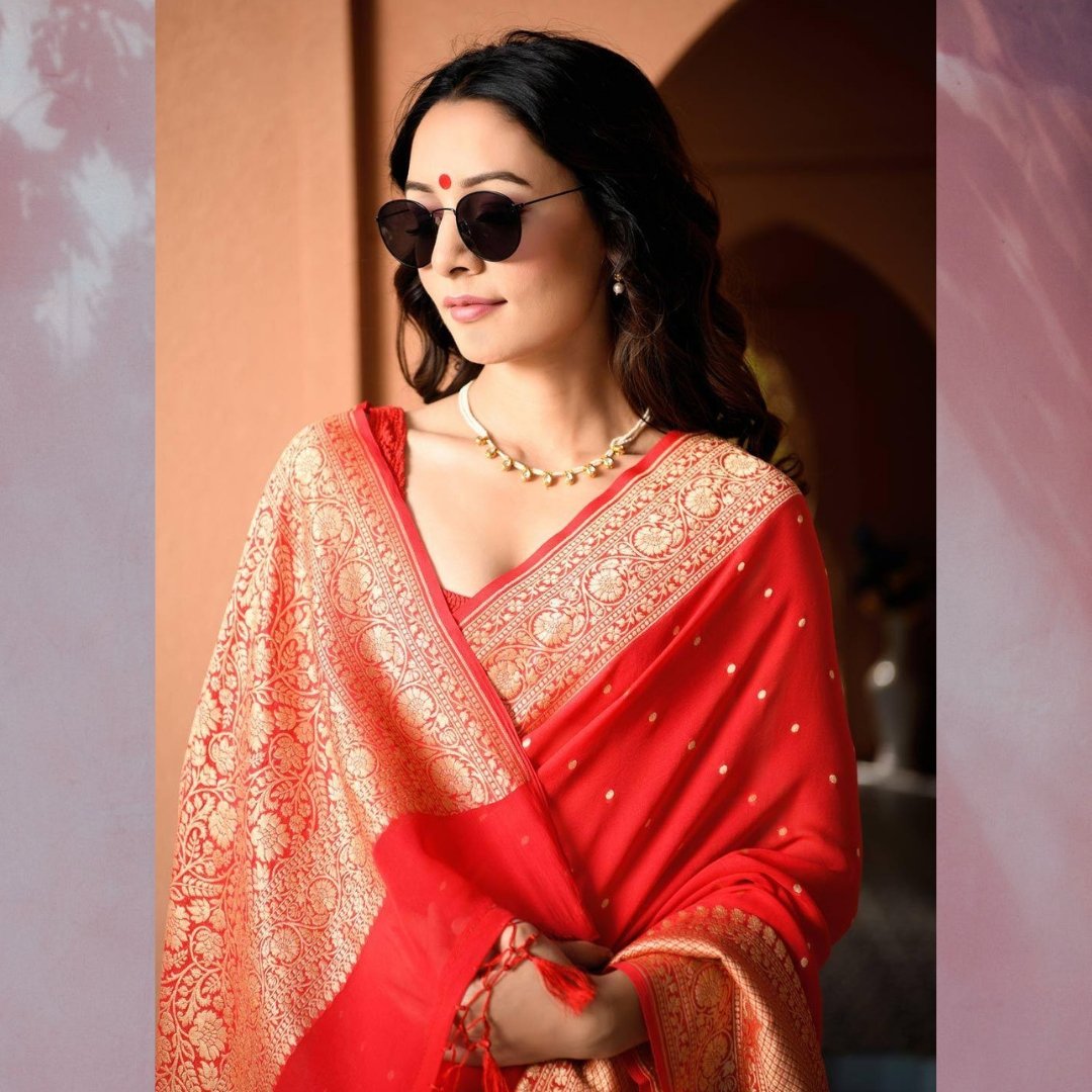 Pure Khaddi Chiffon Red Saree - mrujaa